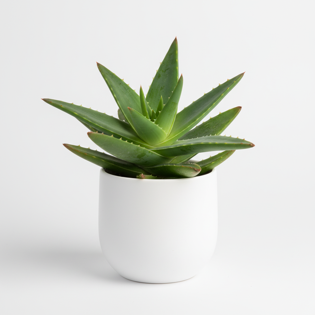 Растение алое вера в саксия върху бял фон