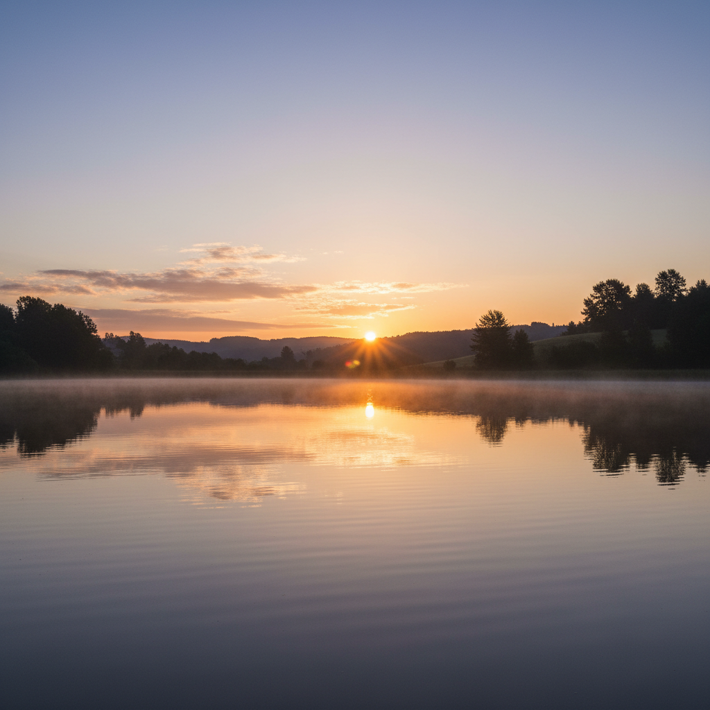 Изгрев над тихо езеро, символизиращ началото на деня