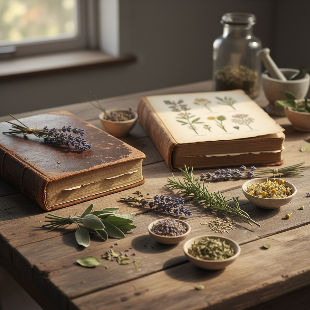 Старинна книга и сушени билки върху дървена маса