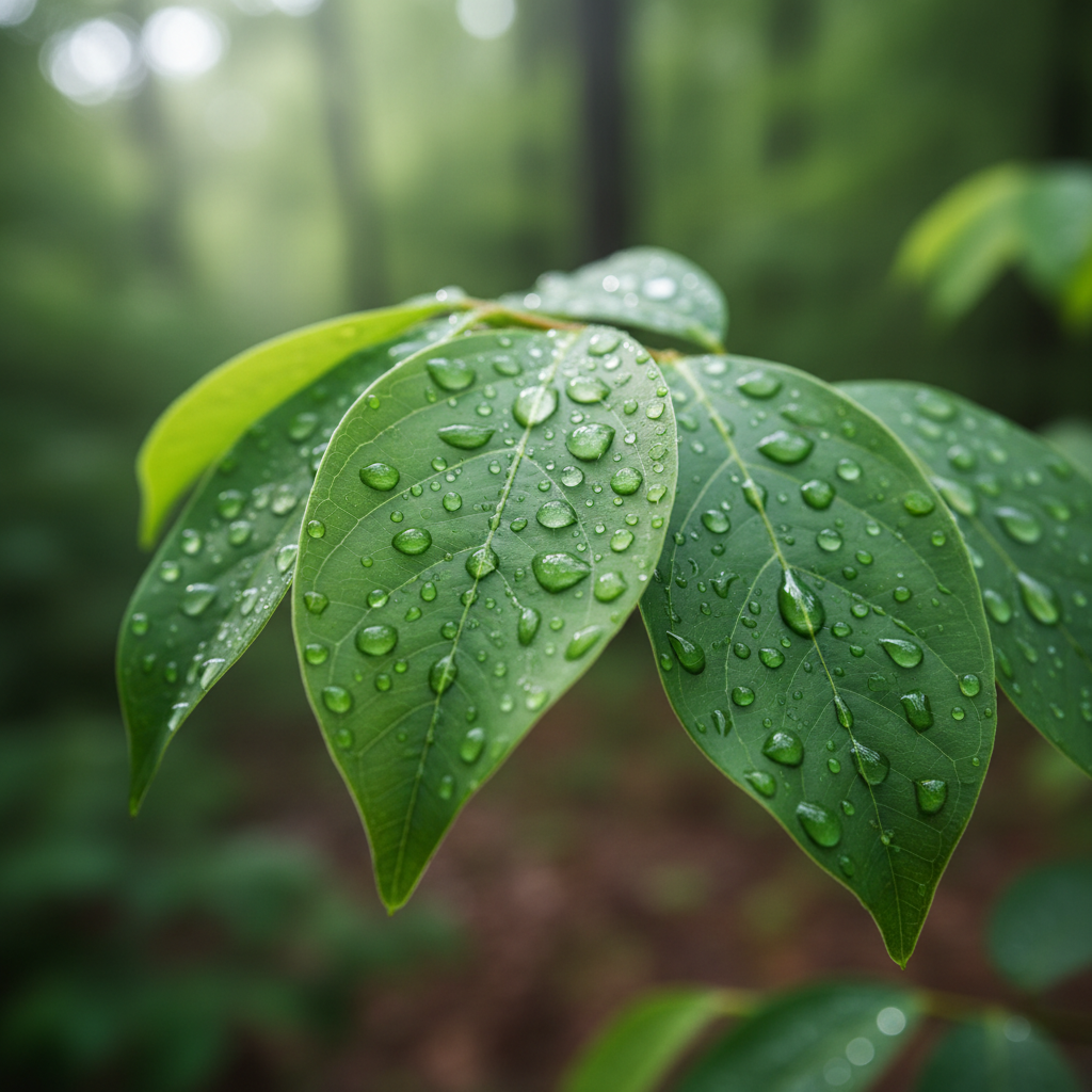 Снимка на свежи зелени листа с капки роса, символизиращи чистота