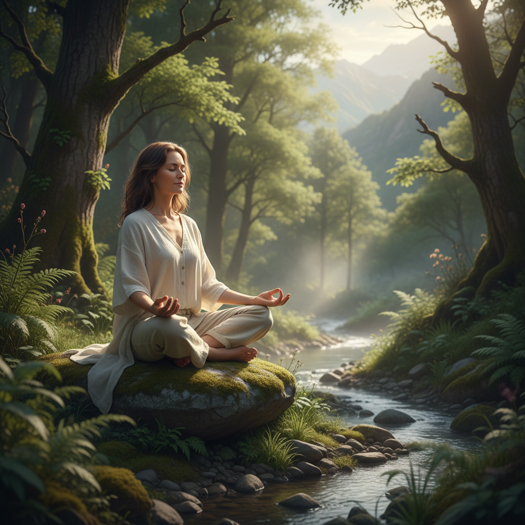 Спокойна жена сред природата, практикуваща дихателни упражнения