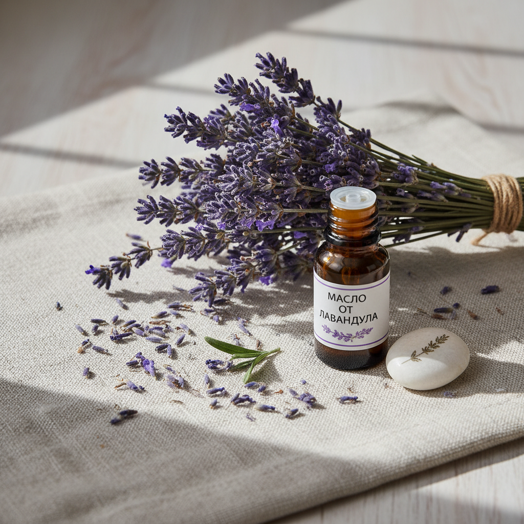 Масло от лавандула и цветове върху ленена кърпа